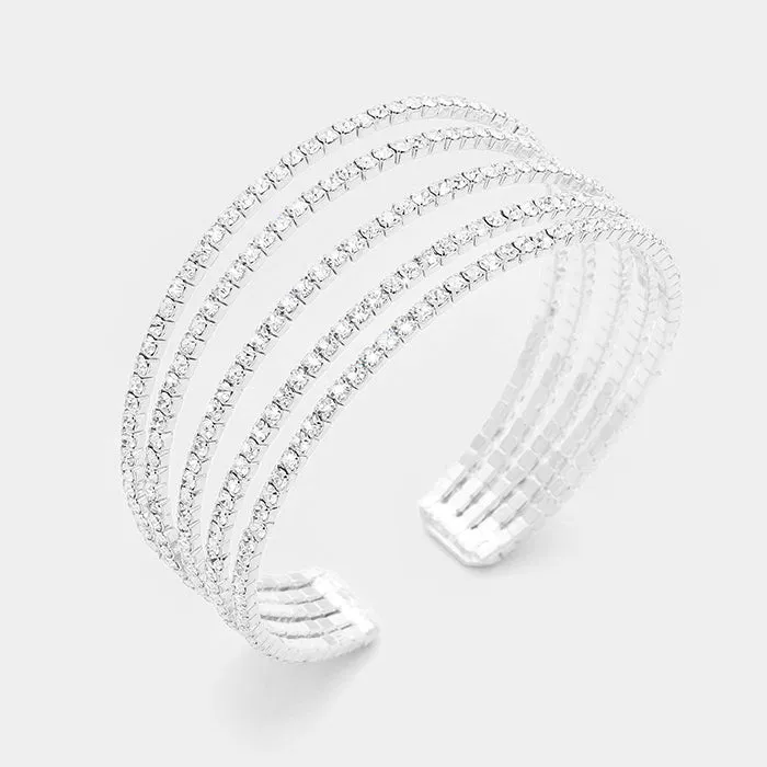 Five Row Clear Crystal Rhinestone Cuff Bracelet on Silver  | 334201