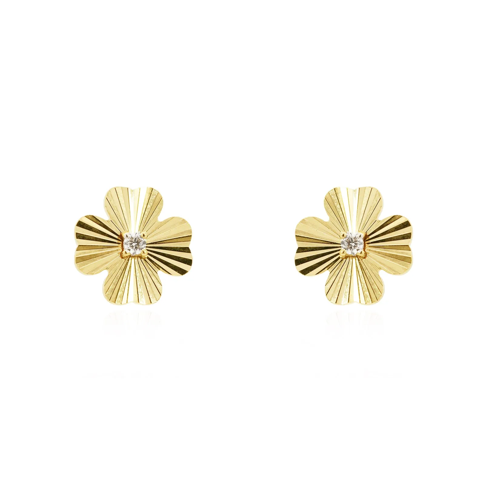 Fluted Gold Four Leaf Clover Stud Earrings