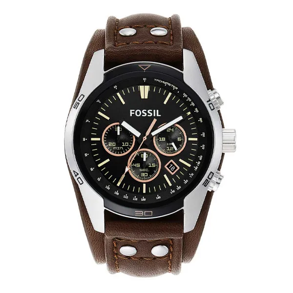 Fossil Coachman Brown Leather Strap Black Dial Chronograph Quartz Watch for Gents - CH2891