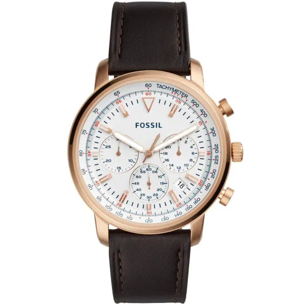 Fossil Goodwin Brown Leather Strap White Dial Chronograph Quartz Watch for Gents - FS5415