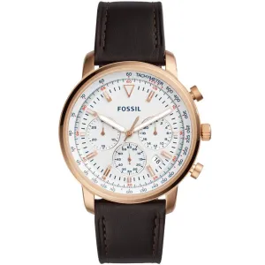 Fossil Goodwin Brown Leather Strap White Dial Chronograph Quartz Watch for Gents - FS5415