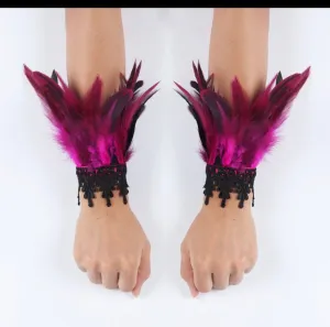 Fuchsia pink  Feather cuff bracelet pair Gothic masquerade Gloves Feather Chunky Cuff Carnival Stage Show Showgirl Rooster Cosplay Costume