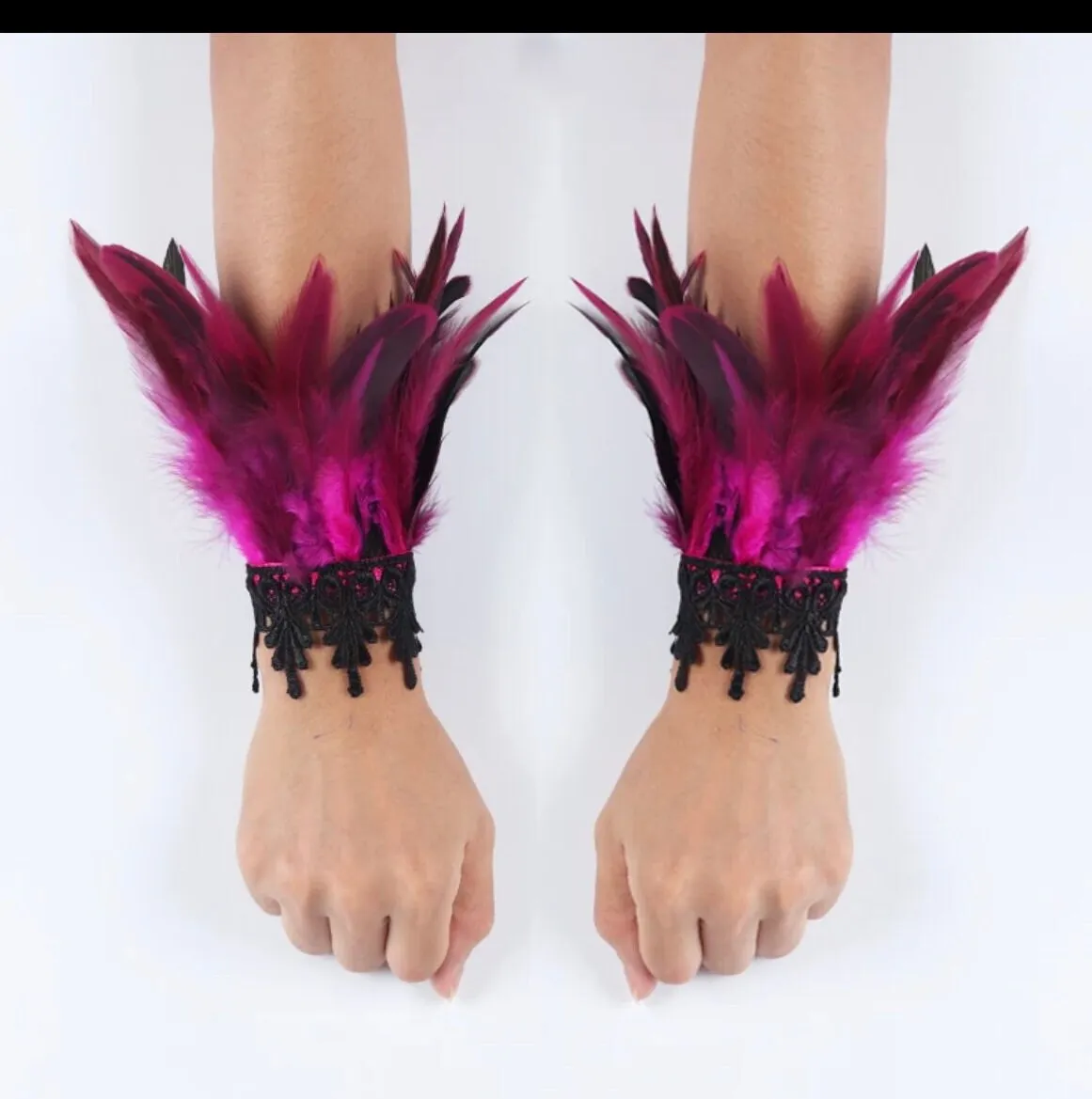 Fuchsia pink  Feather cuff bracelet pair Gothic masquerade Gloves Feather Chunky Cuff Carnival Stage Show Showgirl Rooster Cosplay Costume