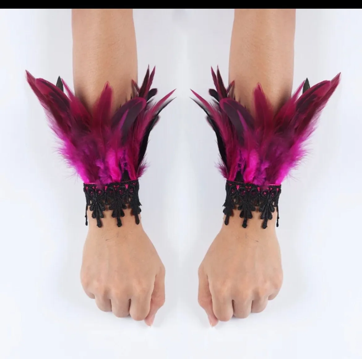 Fuchsia pink  Feather cuff bracelet pair Gothic masquerade Gloves Feather Chunky Cuff Carnival Stage Show Showgirl Rooster Cosplay Costume