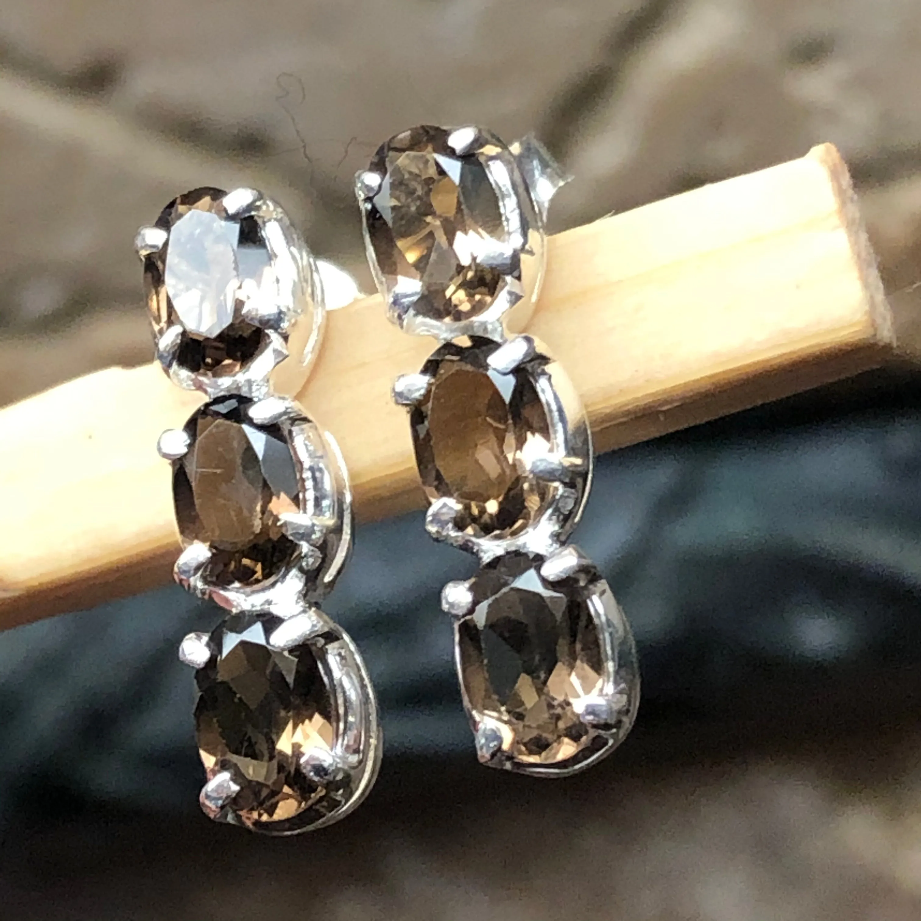 Genuine 2.25ct Smoky Topaz 925 Solid Sterling Silver Earrings 15mm