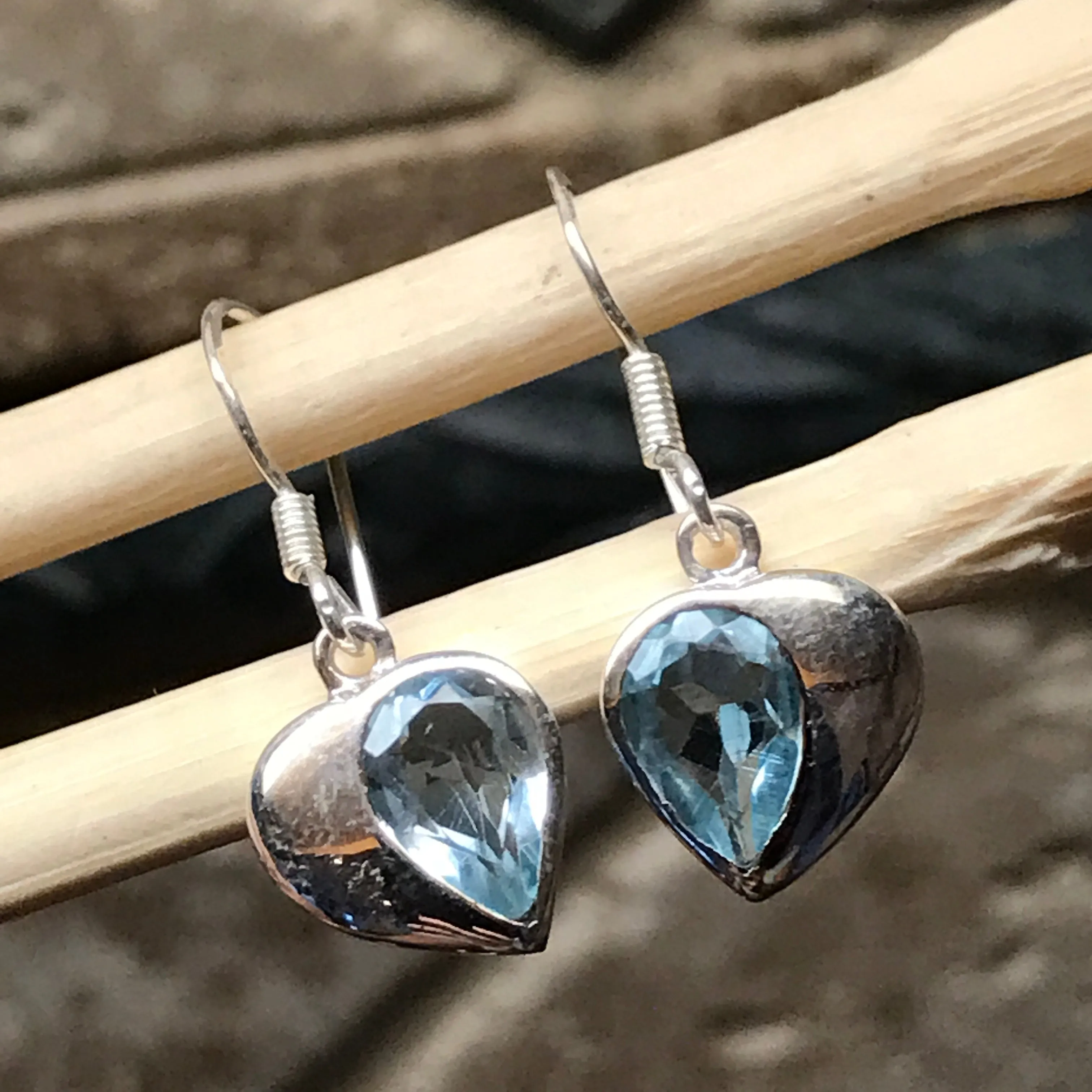 Genuine 2ct Blue Topaz 925 Solid Sterling Silver Heart Earrings 26mm