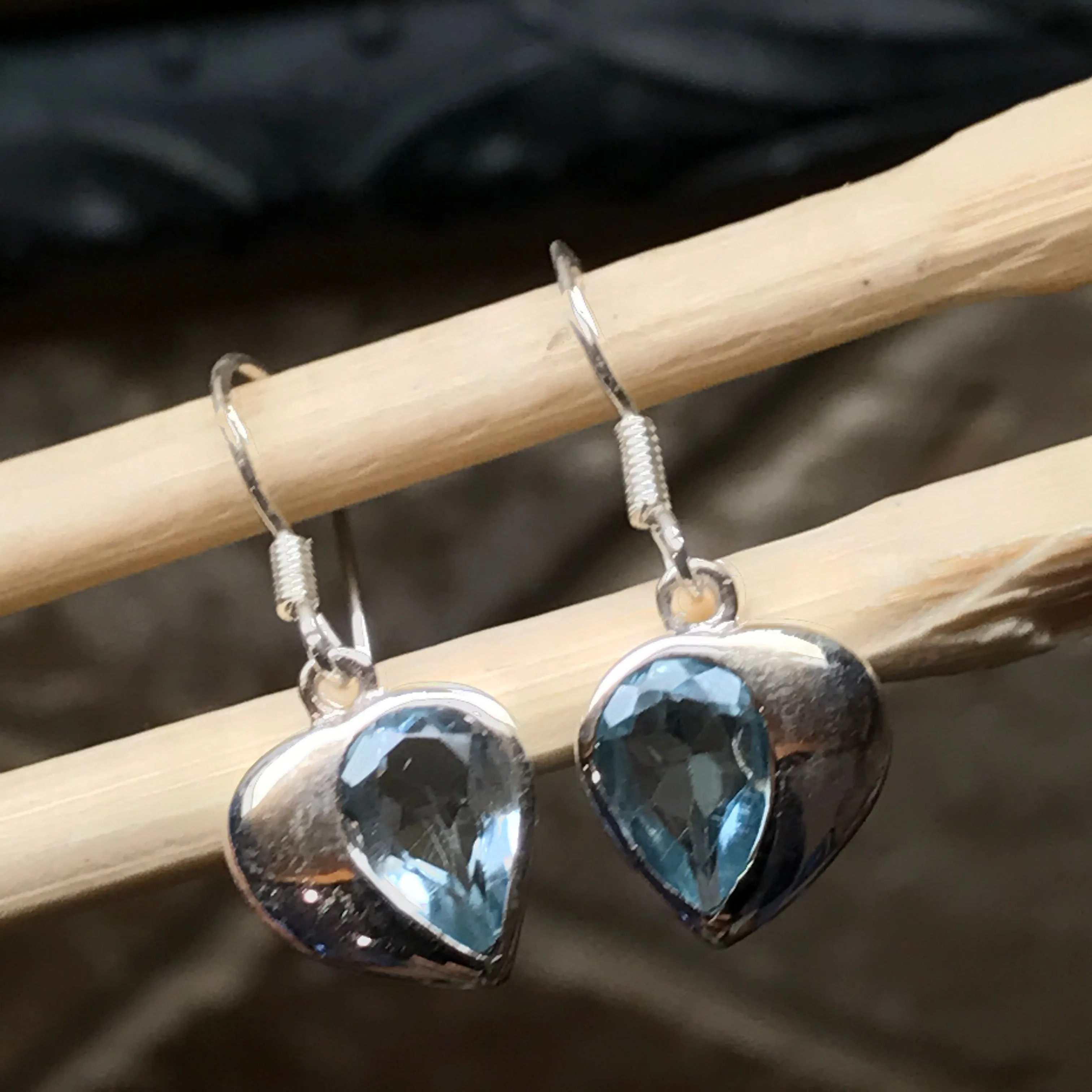 Genuine 2ct Blue Topaz 925 Solid Sterling Silver Heart Earrings 26mm