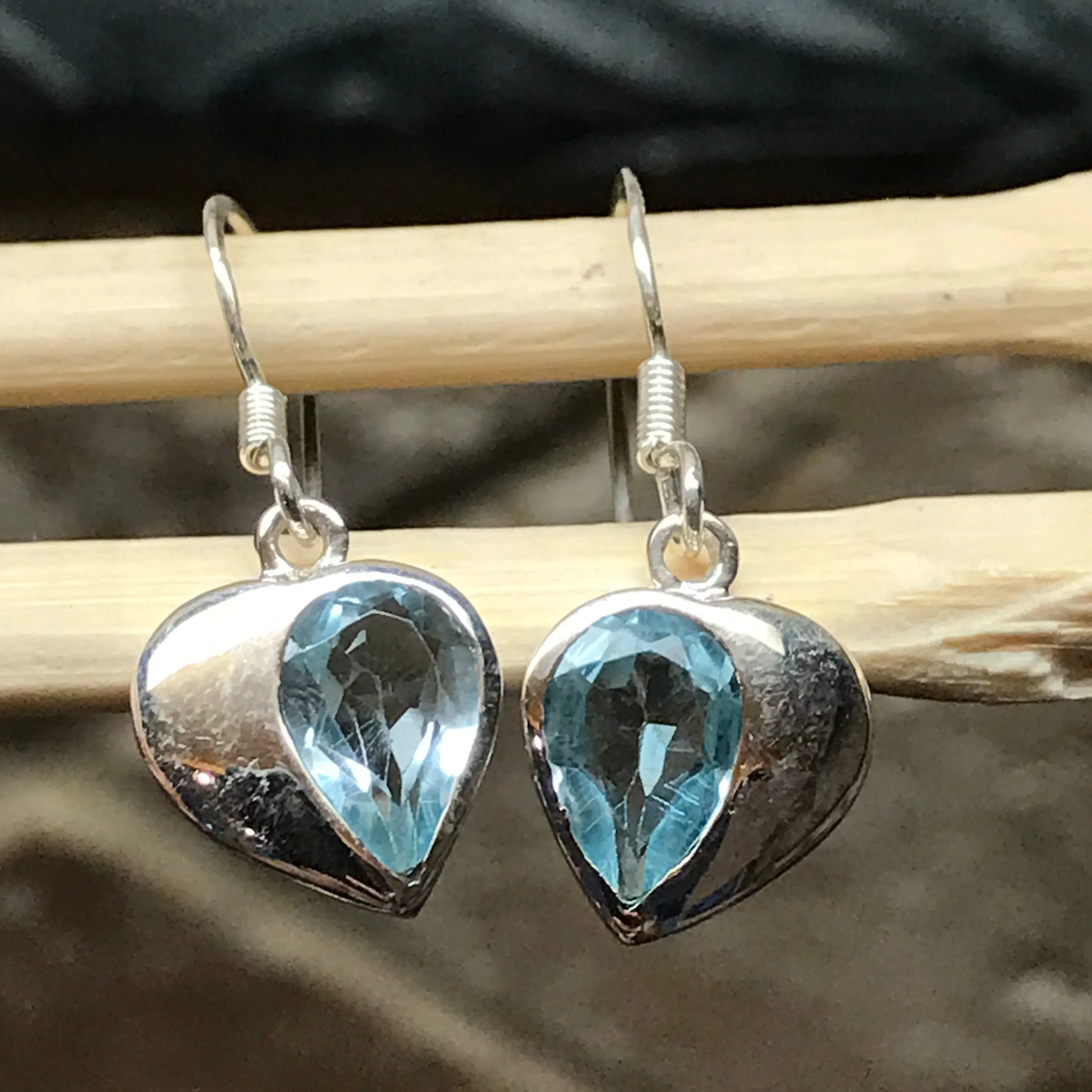 Genuine 2ct Blue Topaz 925 Solid Sterling Silver Heart Earrings 26mm