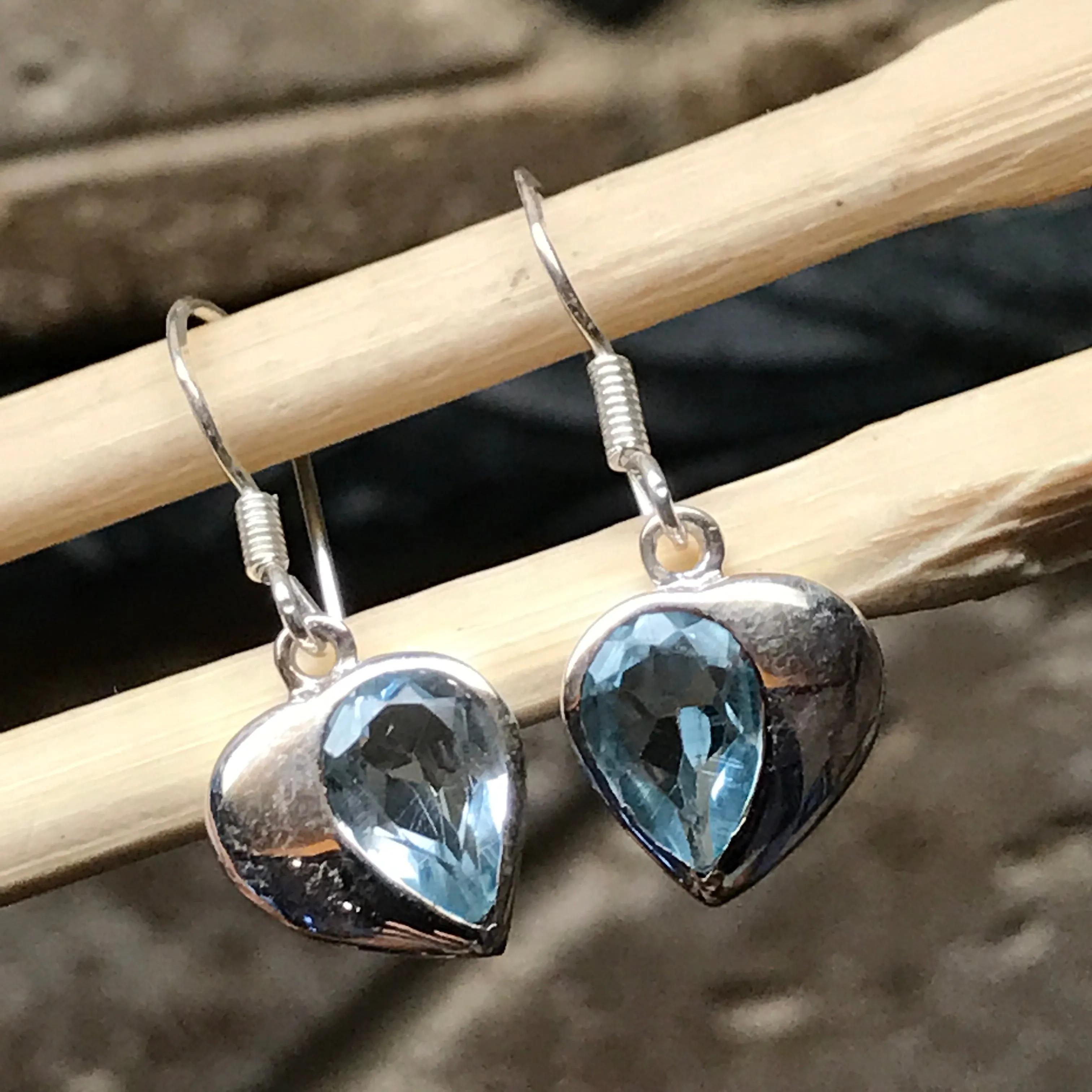 Genuine 2ct Blue Topaz 925 Solid Sterling Silver Heart Earrings 26mm