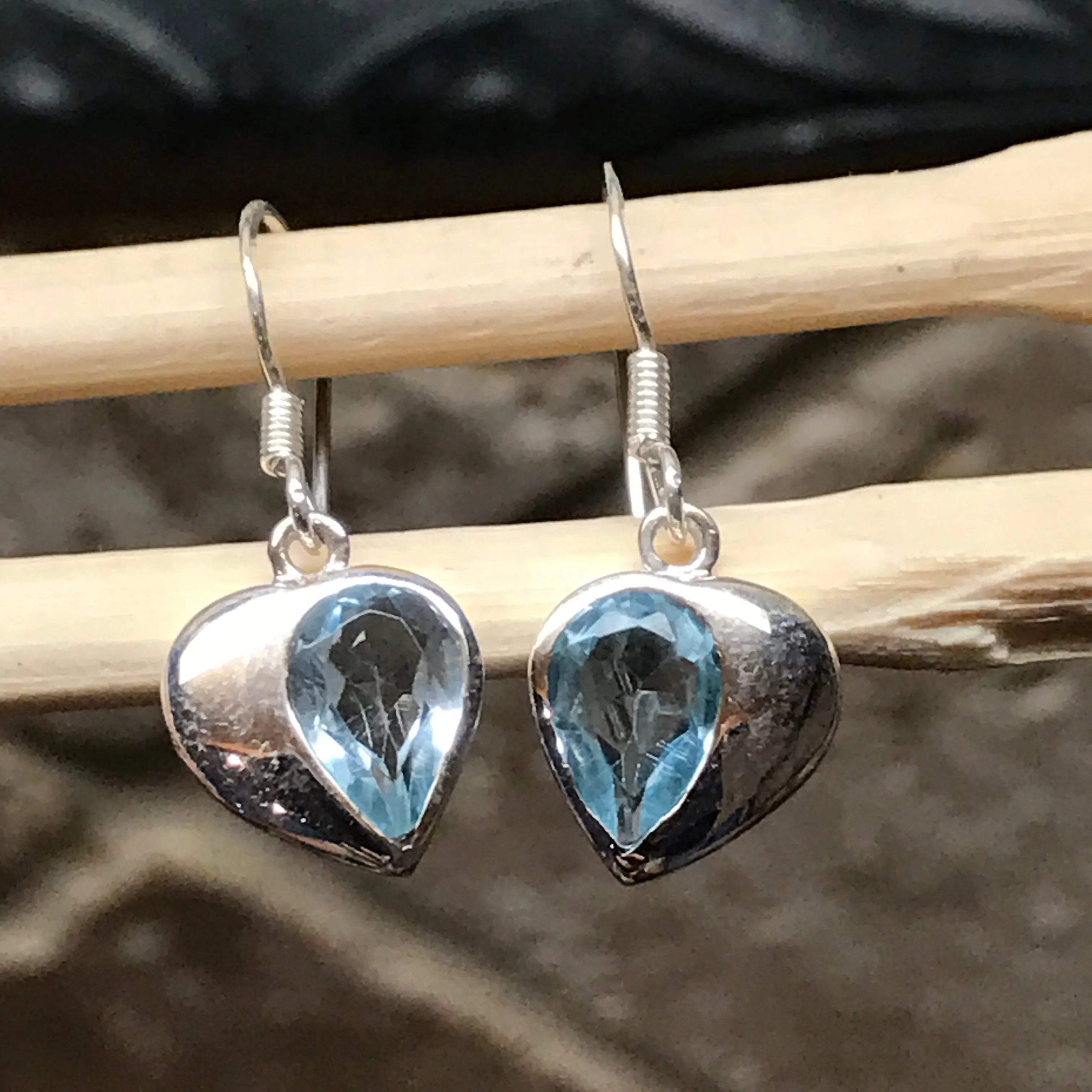 Genuine 2ct Blue Topaz 925 Solid Sterling Silver Heart Earrings 26mm