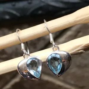 Genuine 2ct Blue Topaz 925 Solid Sterling Silver Heart Earrings 26mm