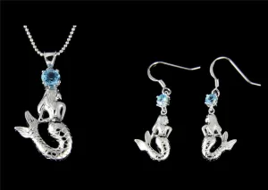 GENUINE BLUE TOPAZ 925 SILVER HAWAIIAN MERMAID PENDANT HOOK EARRINGS SET
