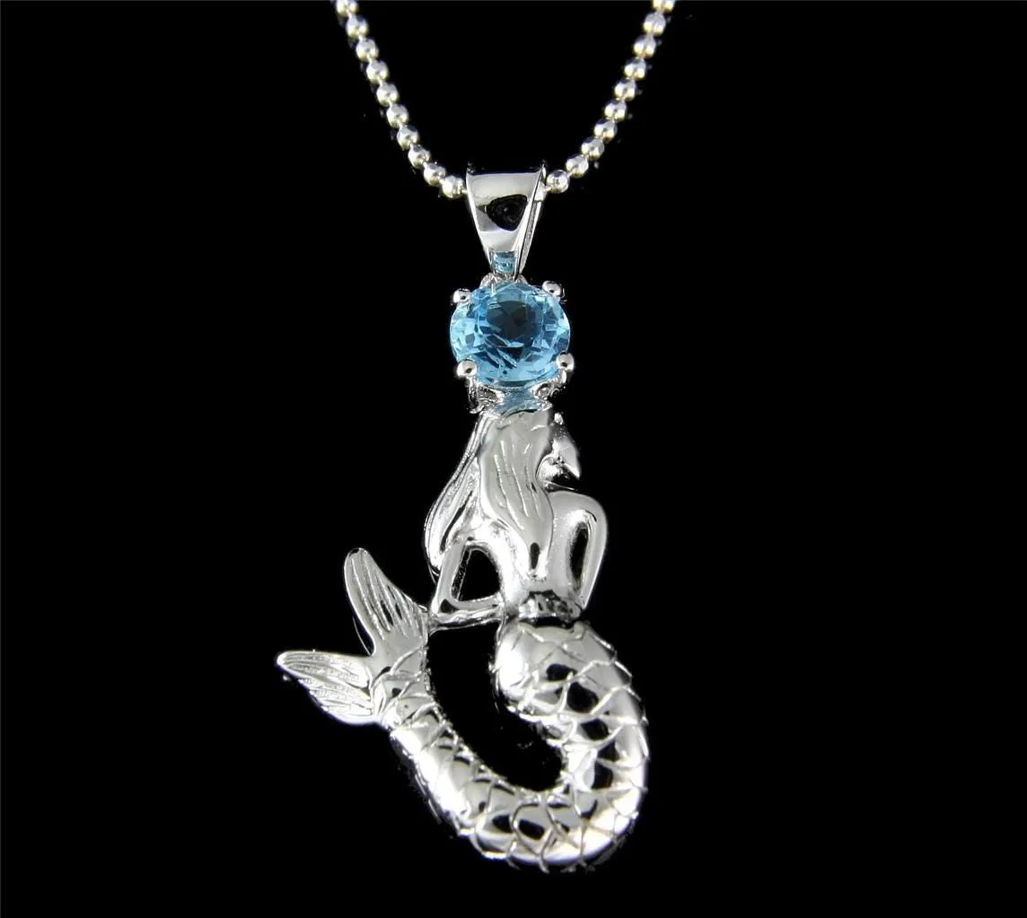 GENUINE BLUE TOPAZ 925 SILVER HAWAIIAN MERMAID PENDANT HOOK EARRINGS SET