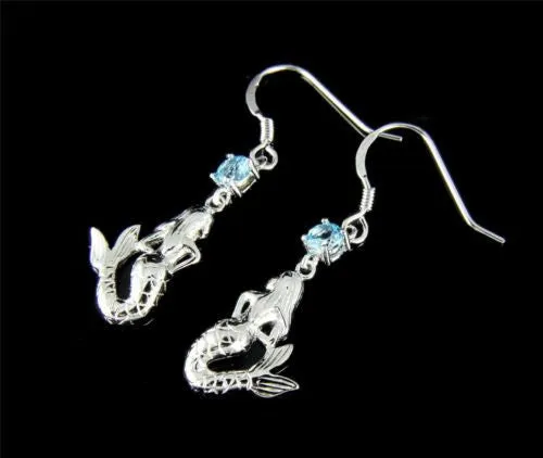 GENUINE BLUE TOPAZ 925 SILVER HAWAIIAN MERMAID PENDANT HOOK EARRINGS SET