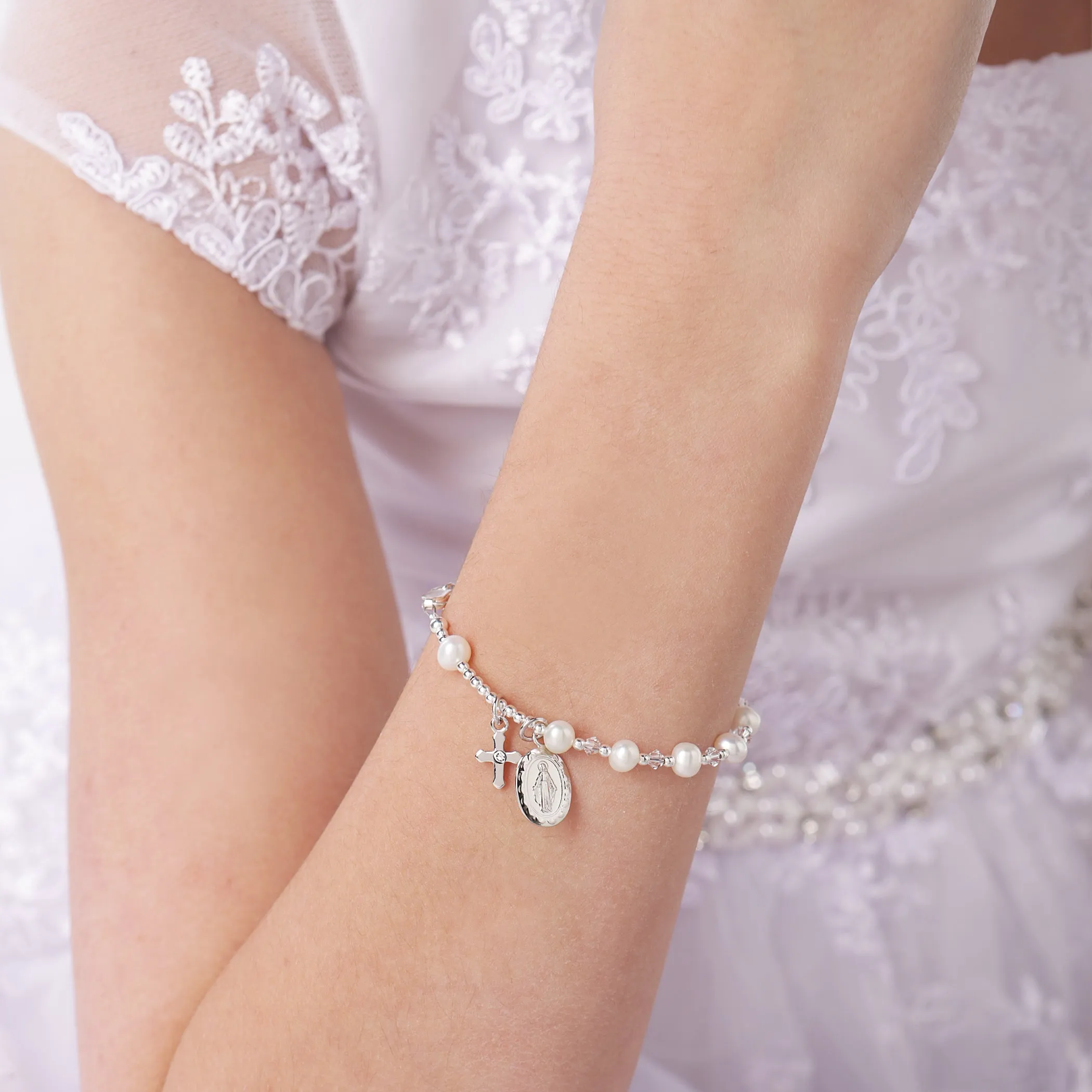 Girls First Communion Gift Sterling Silver Rosary Bracelet with Miraculous Medal