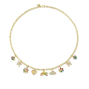 Gold & Diamond Multi-Charm Rainbow Necklace