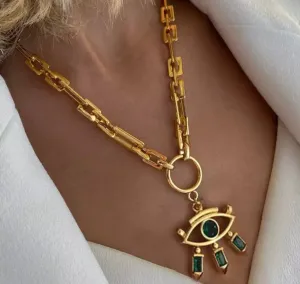Gold Plated Square Flat Chain link with Evil Eye Pendant in Green CZ on Pendant 311-12 | Erika Williner Designs