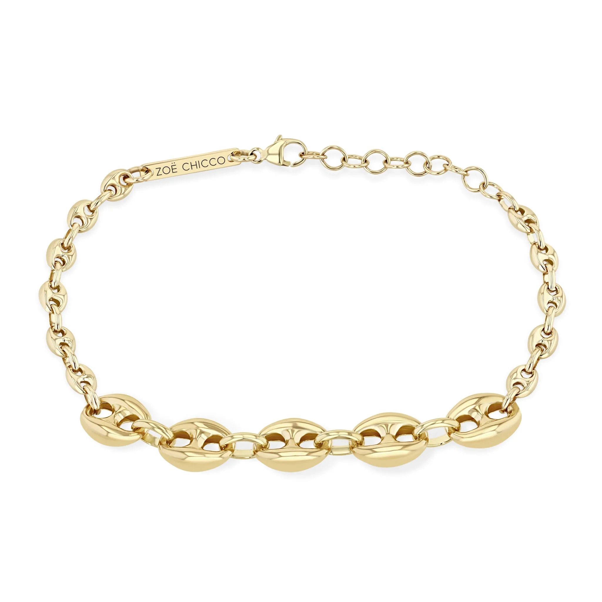 Gold Puffed Mariner Link Bracelet with Five Larger Center Links
