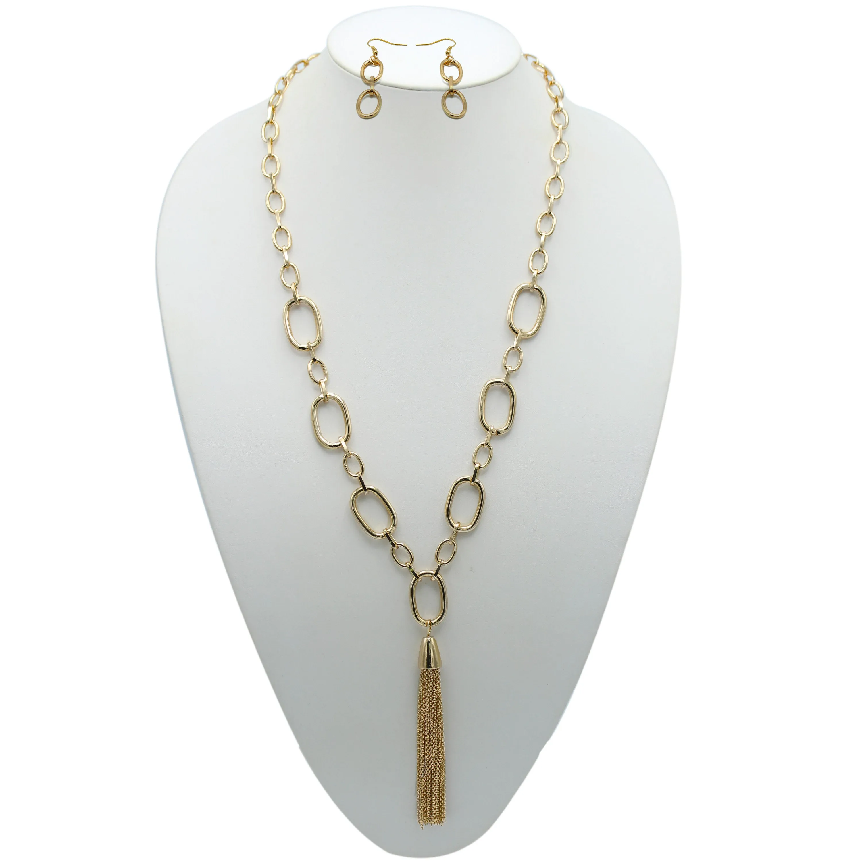 GOLD RECTANGLE LINK CHAIN TASSEL NECKLACE AND EARRING SET #SQ321-11088G
