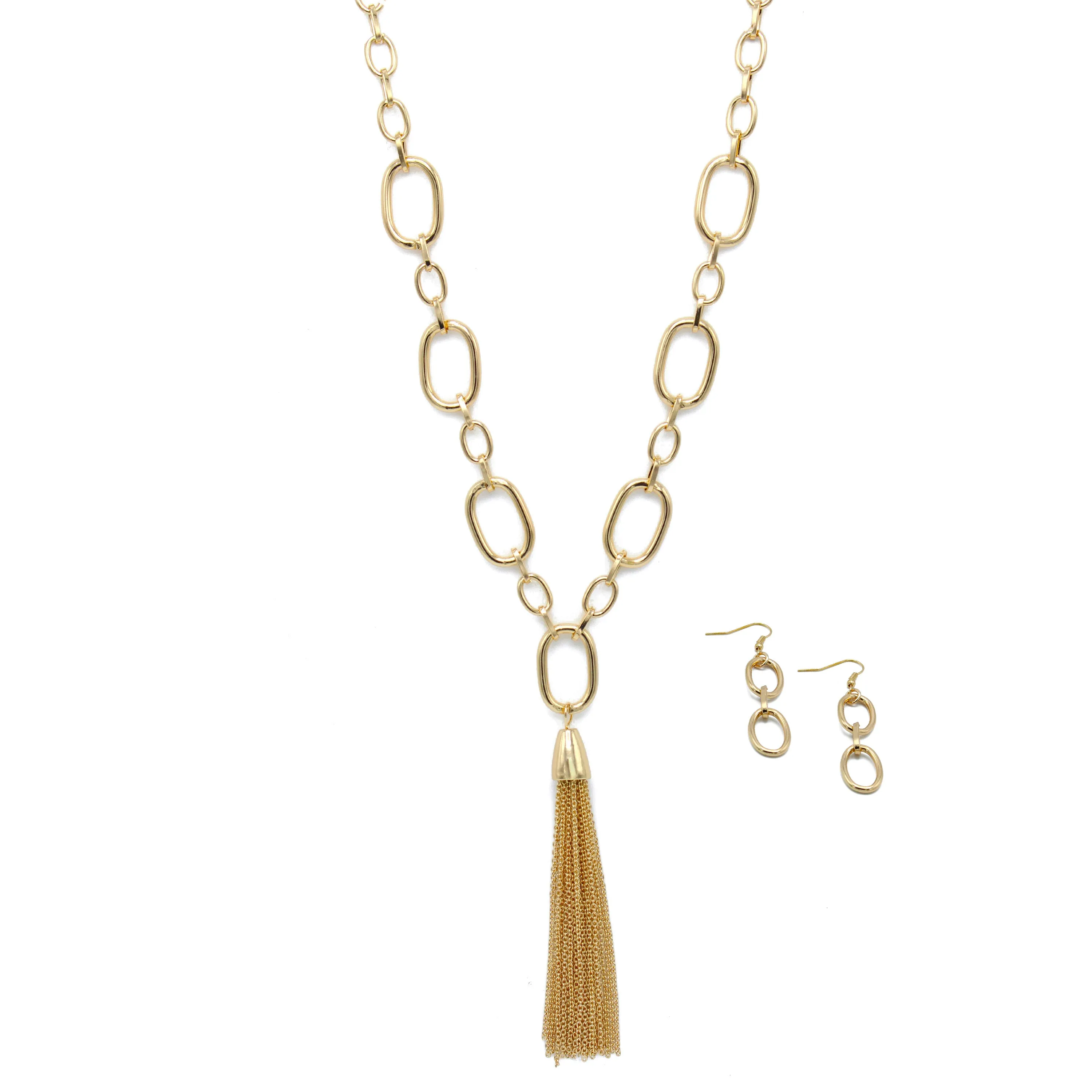 GOLD RECTANGLE LINK CHAIN TASSEL NECKLACE AND EARRING SET #SQ321-11088G