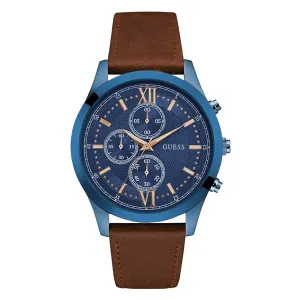 Guess Hudson Brown Leather Strap Blue Dial Chronograph Quartz Watch for Gents - W0876G3