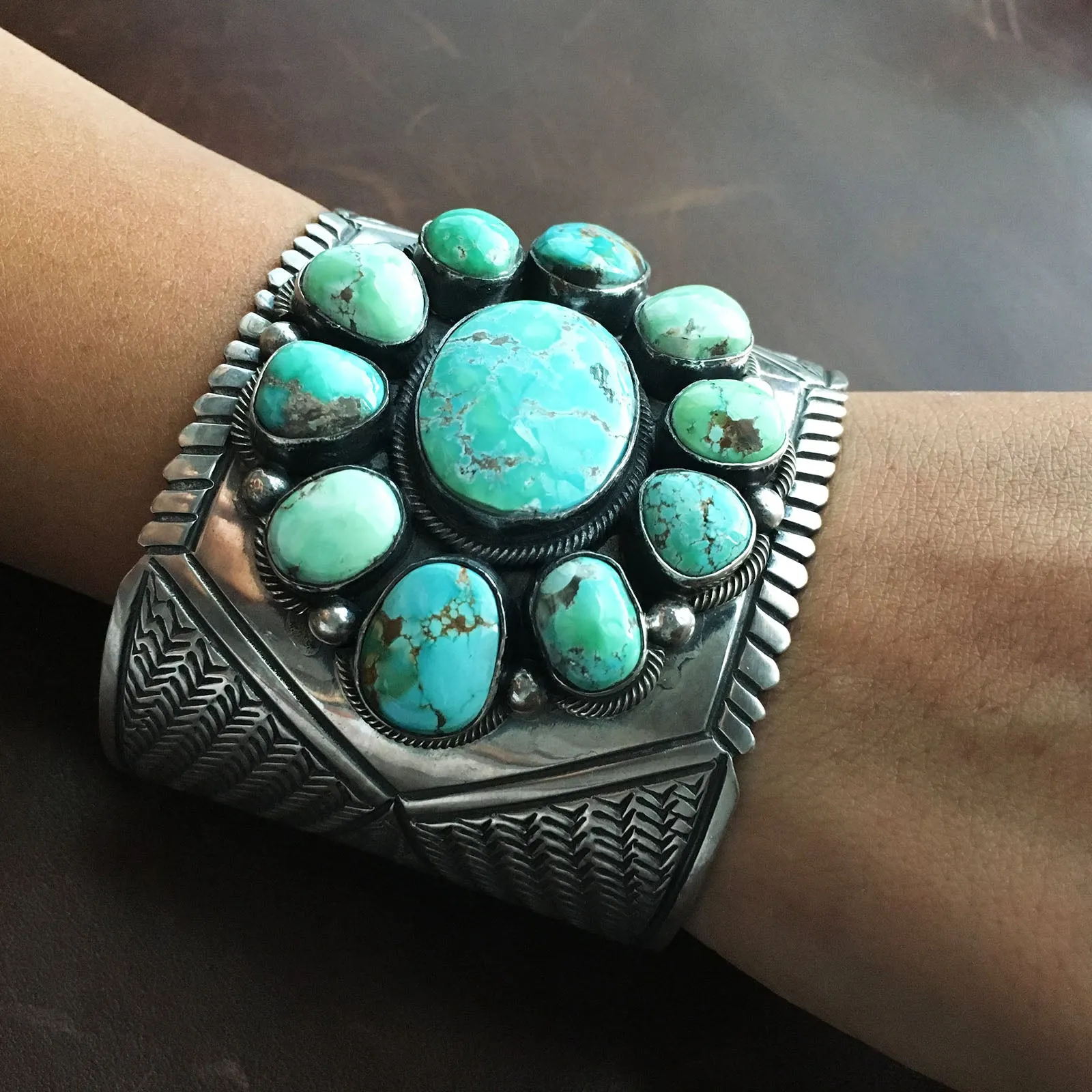 Handmade Carico Lake Turquoise Stamped Sterling Silver Statement Bracelet Cuff