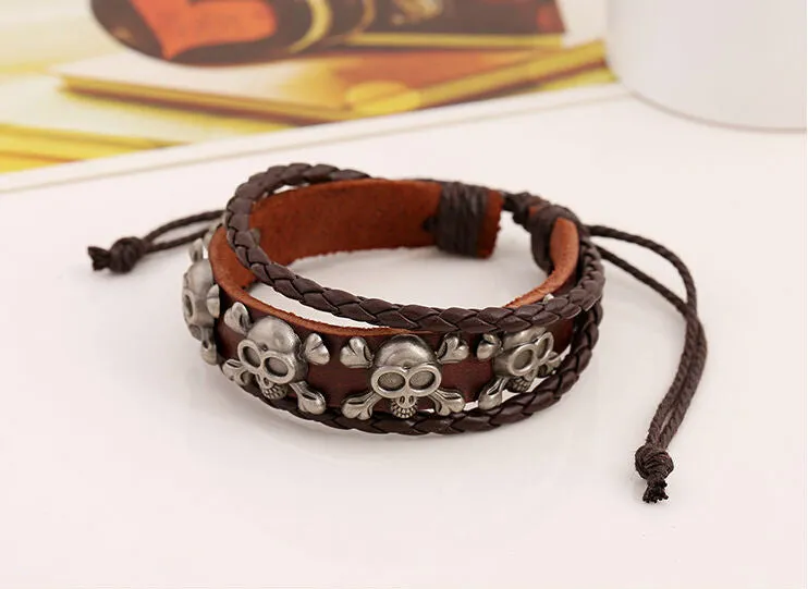 Handmade Rock Pirate Skull Charm Leather Adjustable Bracelet Wristband Jewelry Bijouterie Unisex Girls Woman