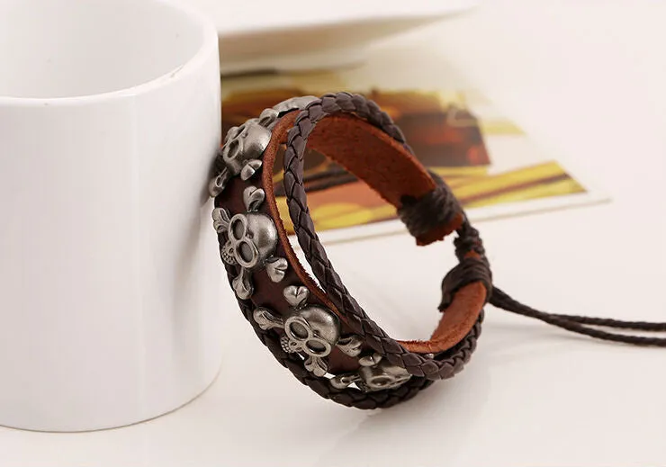 Handmade Rock Pirate Skull Charm Leather Adjustable Bracelet Wristband Jewelry Bijouterie Unisex Girls Woman