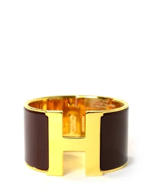 Hermes Burgundy/ Gold Enamel Extra Wide H Clic Clac Bracelet sz PM