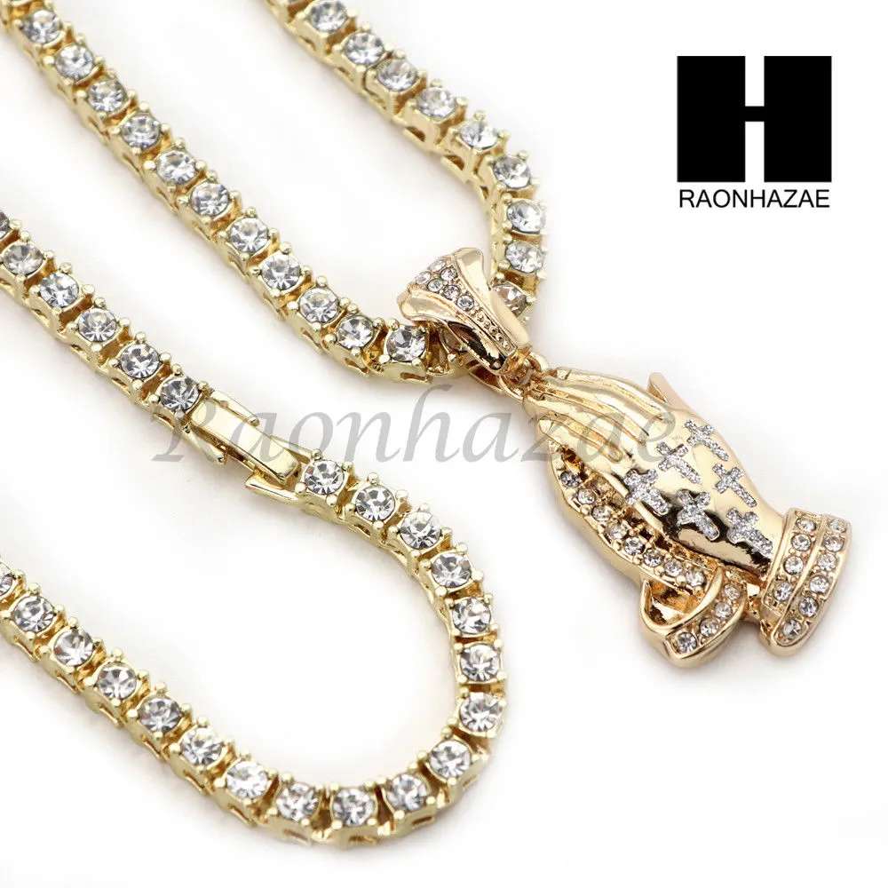 HIP HOP PRAYING HANDS TENNIS CHAIN DIAMOND CUT 30" CUBAN LINK CHAIN S55