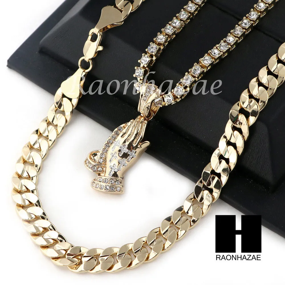 HIP HOP PRAYING HANDS TENNIS CHAIN DIAMOND CUT 30" CUBAN LINK CHAIN S55