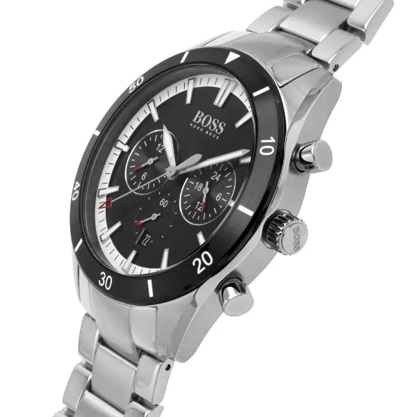 HUGO BOSS Santiago Silver Stainless Steel Black Dial Chronograph Quartz Watch for Gents - 1513862