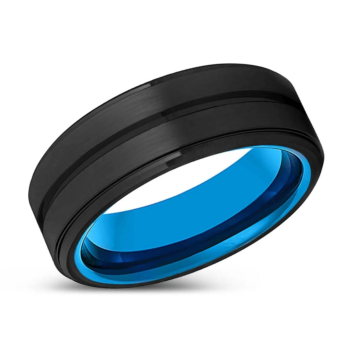 HUNTER | Blue Tungsten Ring, Black Tungsten Ring, Grooved, Stepped Edge