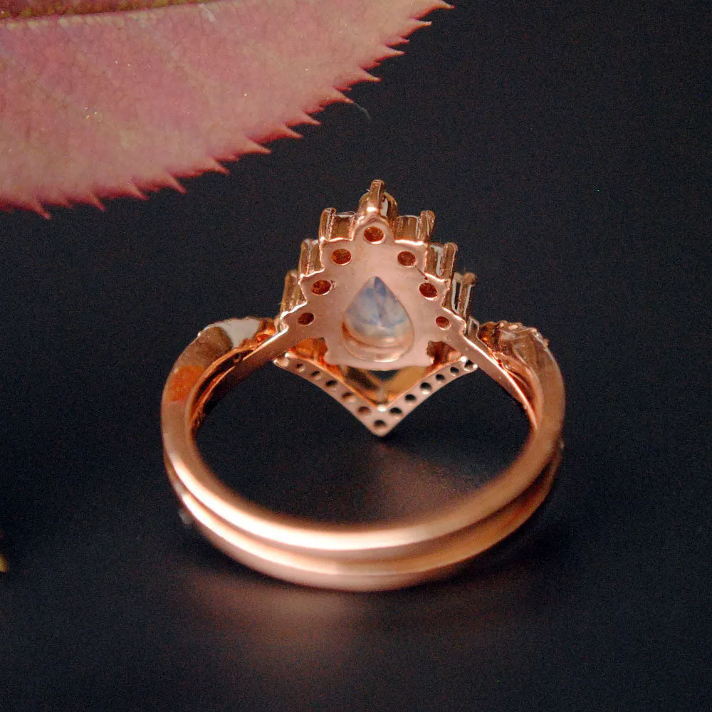 INTERLOCKING Pear Moonstone & Diamond Wedding Ring Set