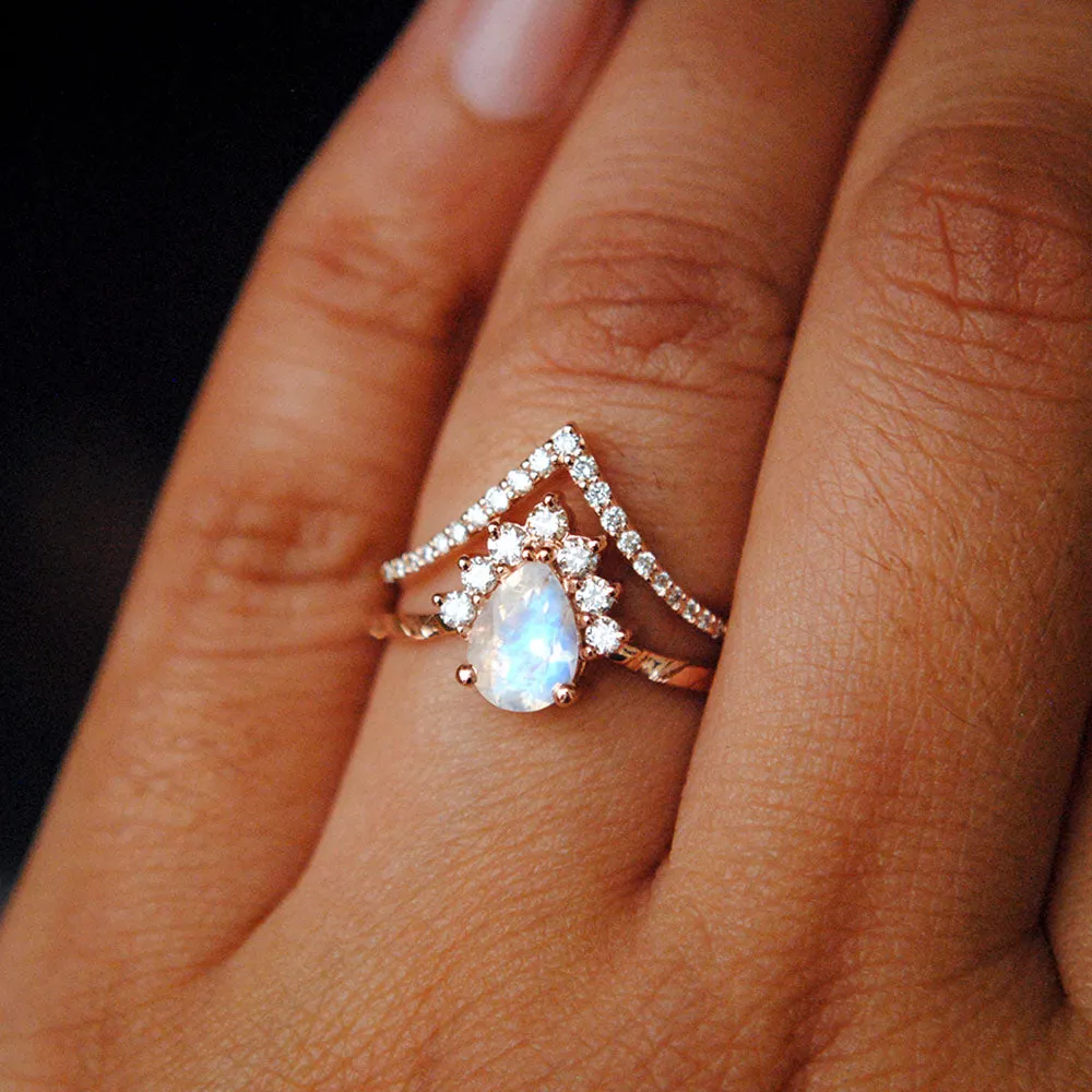 INTERLOCKING Pear Moonstone & Diamond Wedding Ring Set