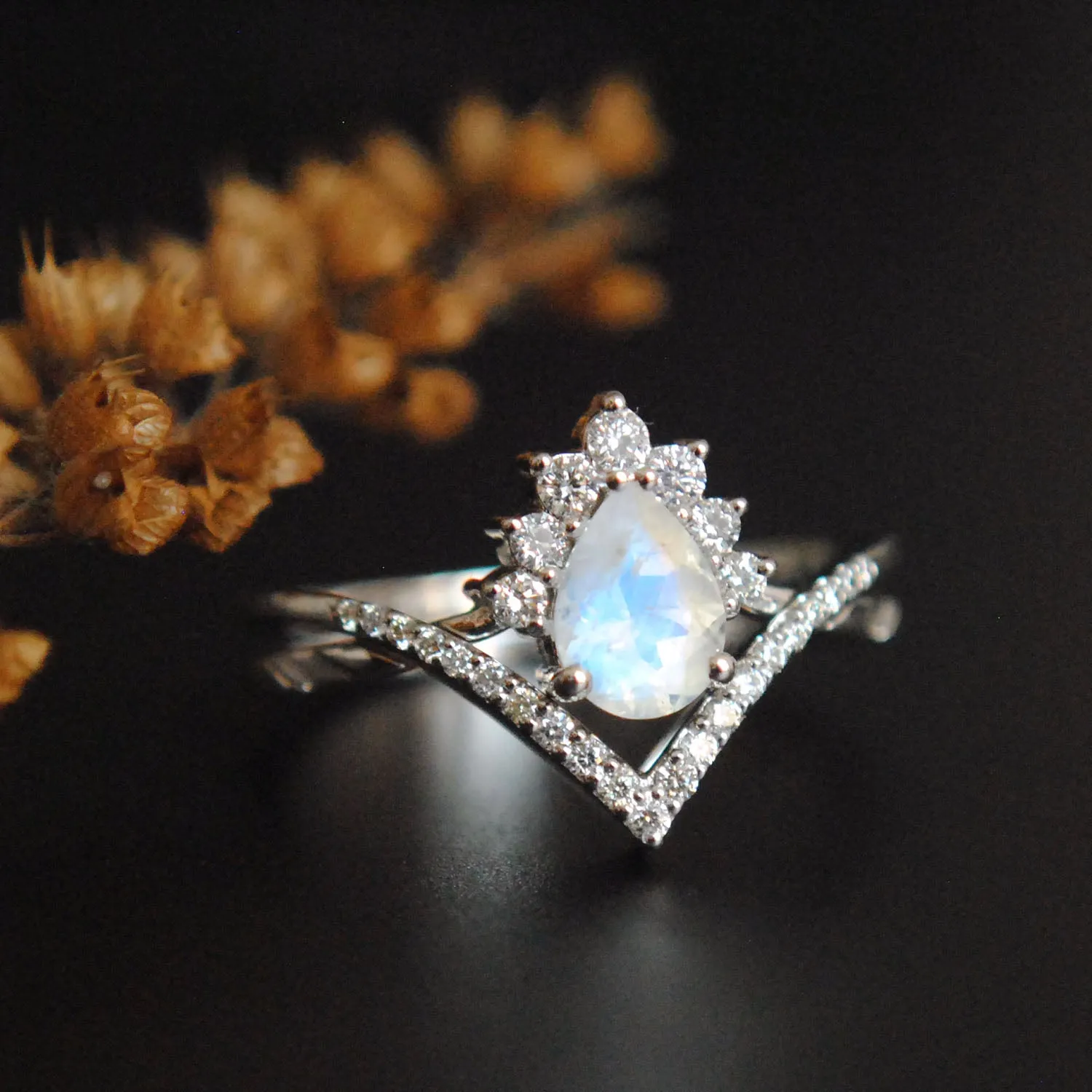 INTERLOCKING Pear Moonstone & Diamond Wedding Ring Set