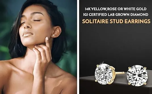 JewelMore LAB-GROWN Diamond 14K Round Cut Diamond Earrings for Women | 4 Prong Push Back Ultra Premium Collection | 1 cttw to 8 cttw Ring H-I Color, VS1-VS2 Clarity