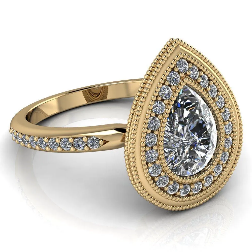 Kasey Pear Center Stone Milgrain Halo Bezel Pinch Diamond Ring