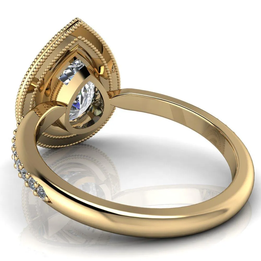 Kasey Pear Center Stone Milgrain Halo Bezel Pinch Diamond Ring