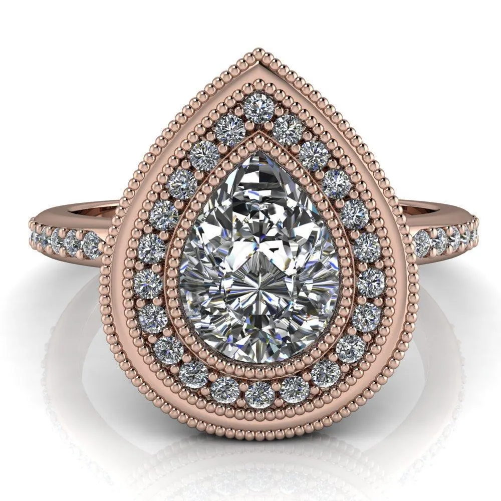 Kasey Pear Center Stone Milgrain Halo Bezel Pinch Diamond Ring