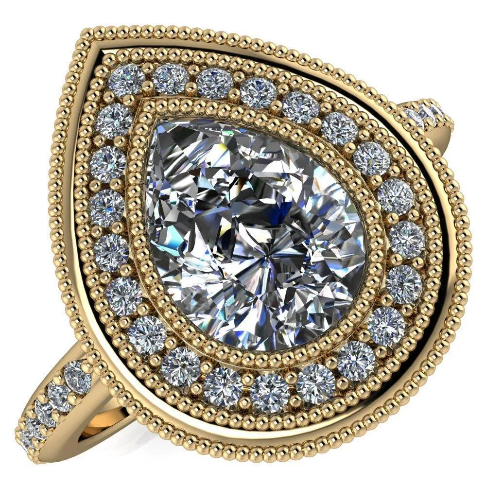 Kasey Pear Center Stone Milgrain Halo Bezel Pinch Diamond Ring