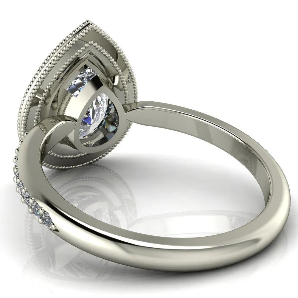 Kasey Pear Center Stone Milgrain Halo Bezel Pinch Diamond Ring