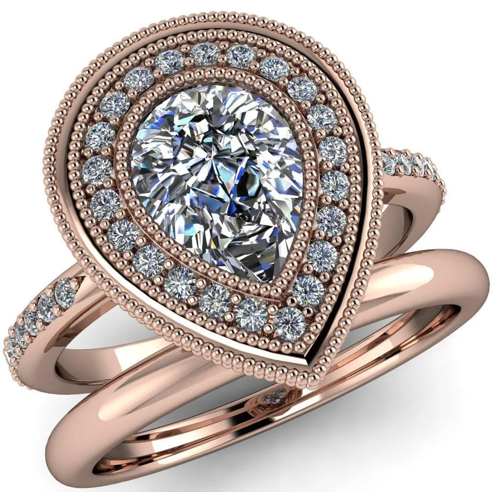 Kasey Pear Center Stone Milgrain Halo Bezel Pinch Diamond Ring
