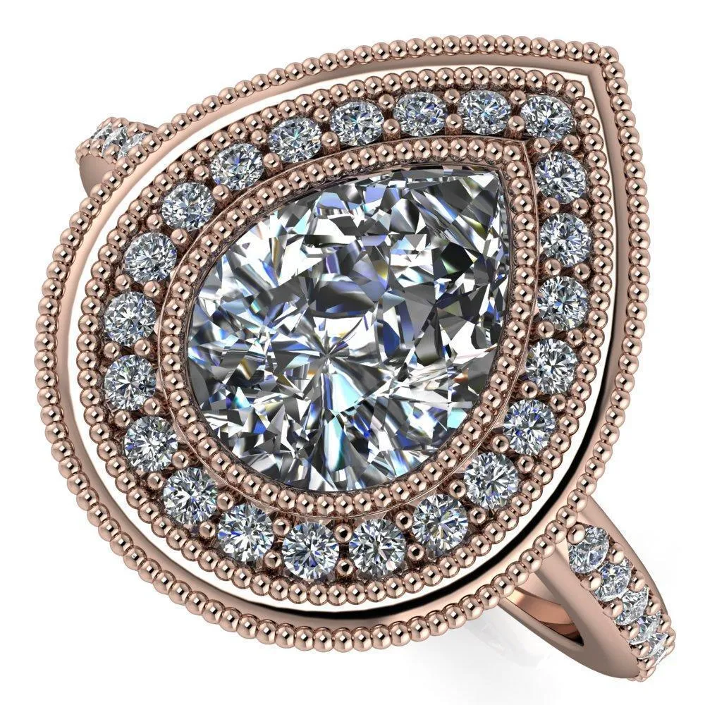 Kasey Pear Center Stone Milgrain Halo Bezel Pinch Diamond Ring
