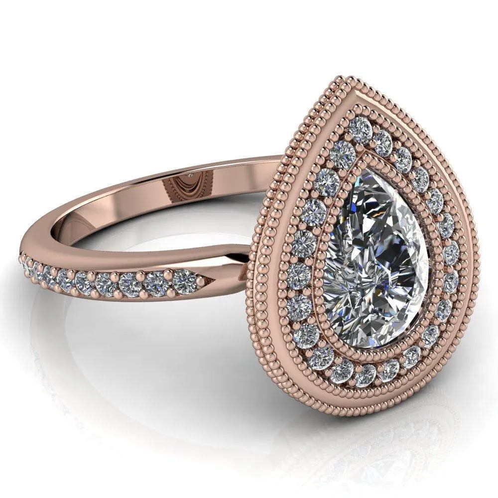 Kasey Pear Center Stone Milgrain Halo Bezel Pinch Diamond Ring