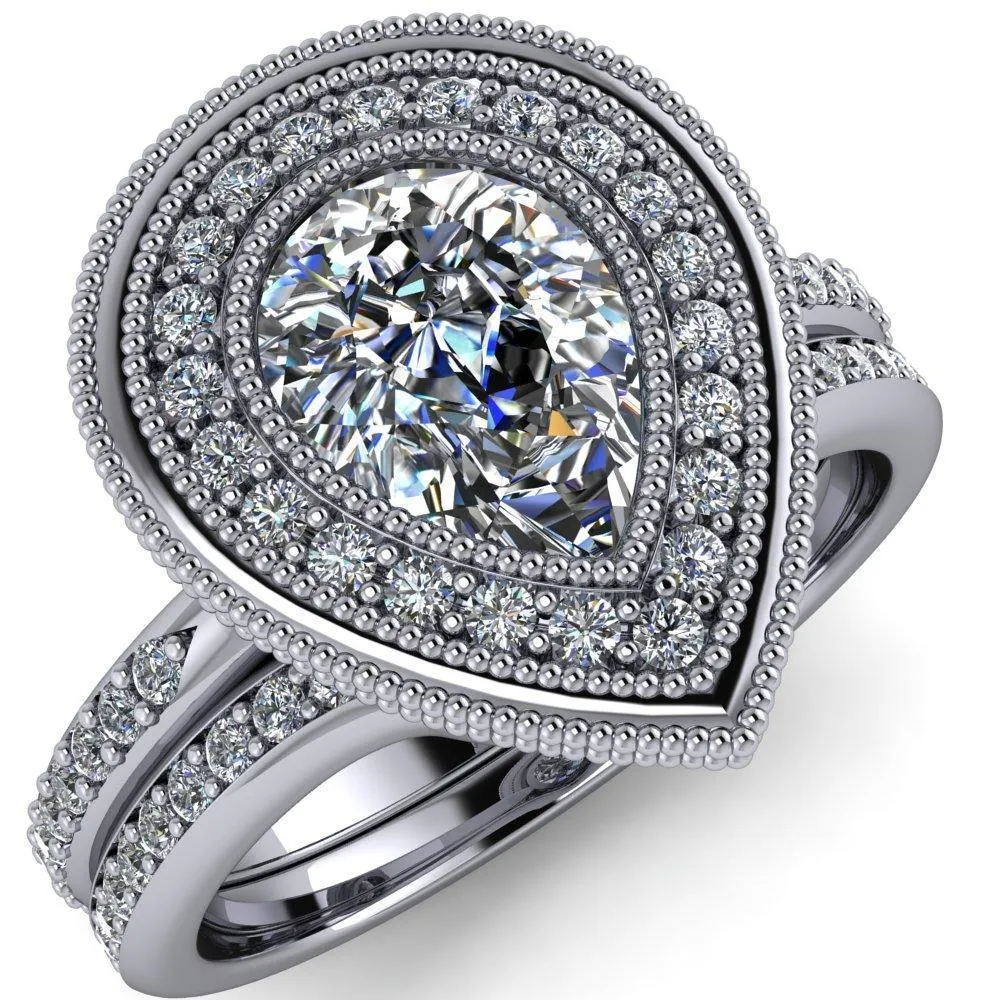 Kasey Pear Center Stone Milgrain Halo Bezel Pinch Diamond Ring