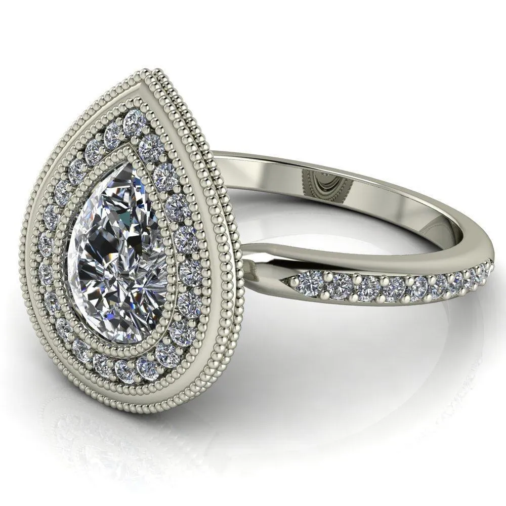 Kasey Pear Center Stone Milgrain Halo Bezel Pinch Diamond Ring