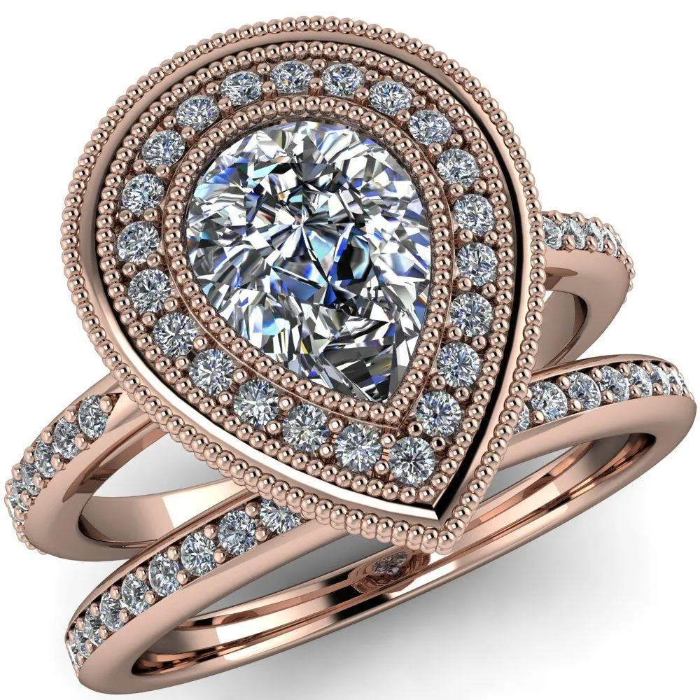 Kasey Pear Center Stone Milgrain Halo Bezel Pinch Diamond Ring