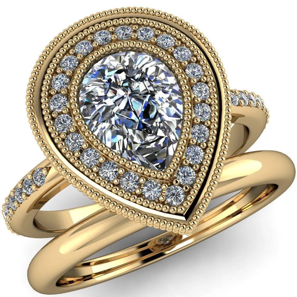 Kasey Pear Center Stone Milgrain Halo Bezel Pinch Diamond Ring