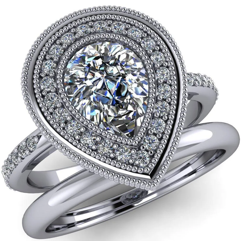 Kasey Pear Center Stone Milgrain Halo Bezel Pinch Diamond Ring